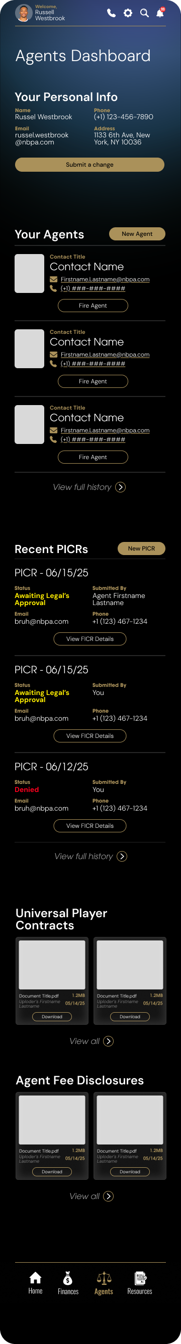 Figma wireframe: Agents Dashboard with personal info, agents, PICRs, contracts, and fee disclosures