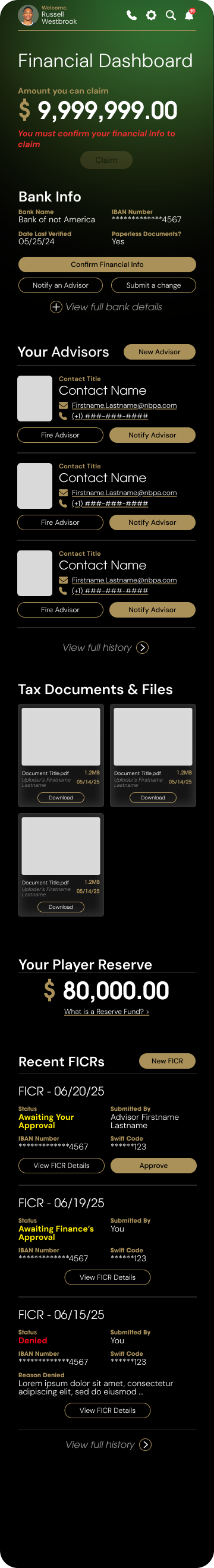 Figma wireframe: Financial Dashboard with bank info, advisors, tax documents, player reserve, and FICRs