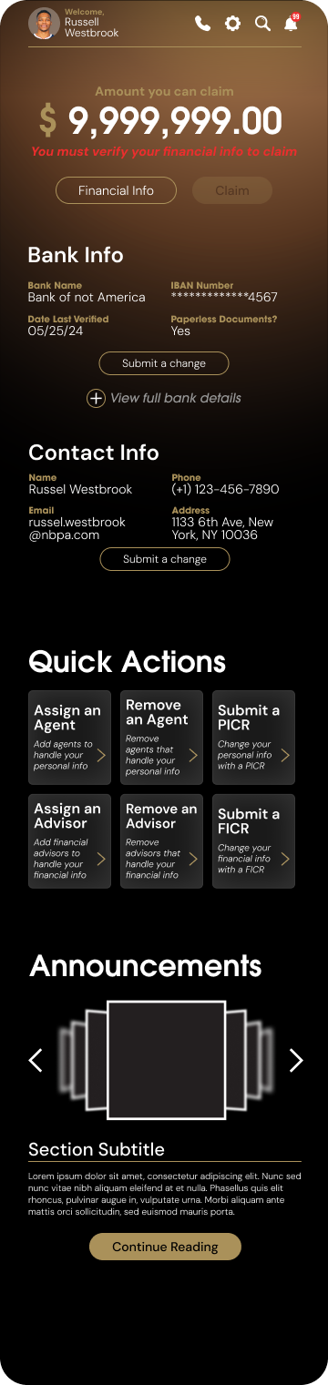 Figma wireframe: Home screen with group licensing claim amount, bank info, contact info, and quick actions
