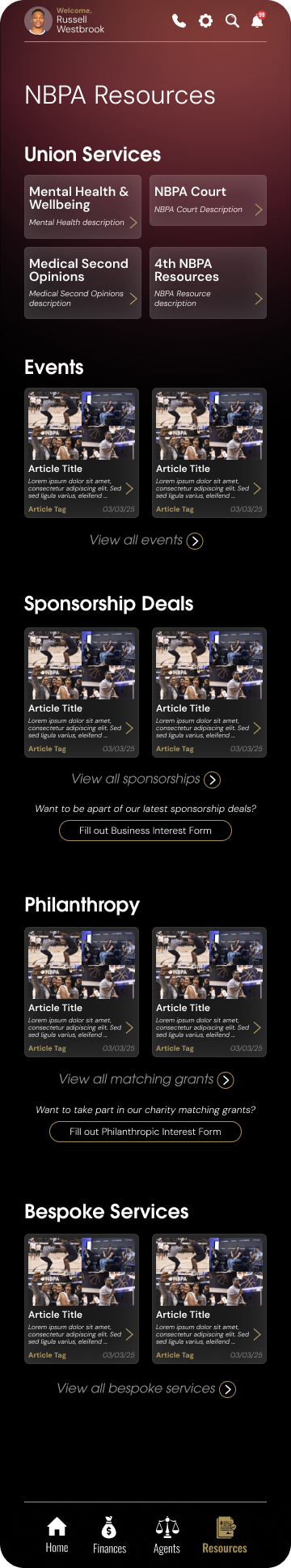 Figma wireframe: NBPA Resources screen with union services, events, sponsorships, philanthropy, and bespoke services