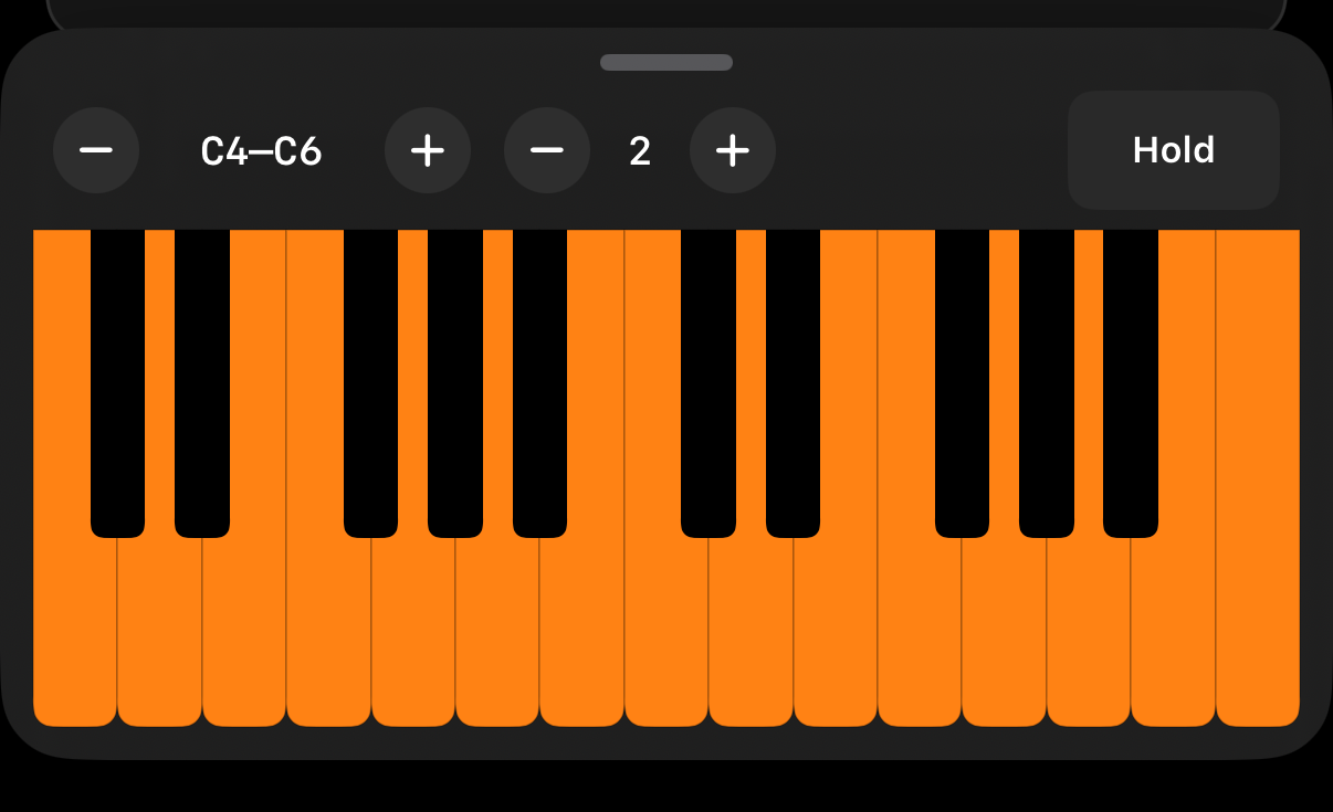 REVE Model 1 on-screen keyboard drawer with octave range and Hold controls