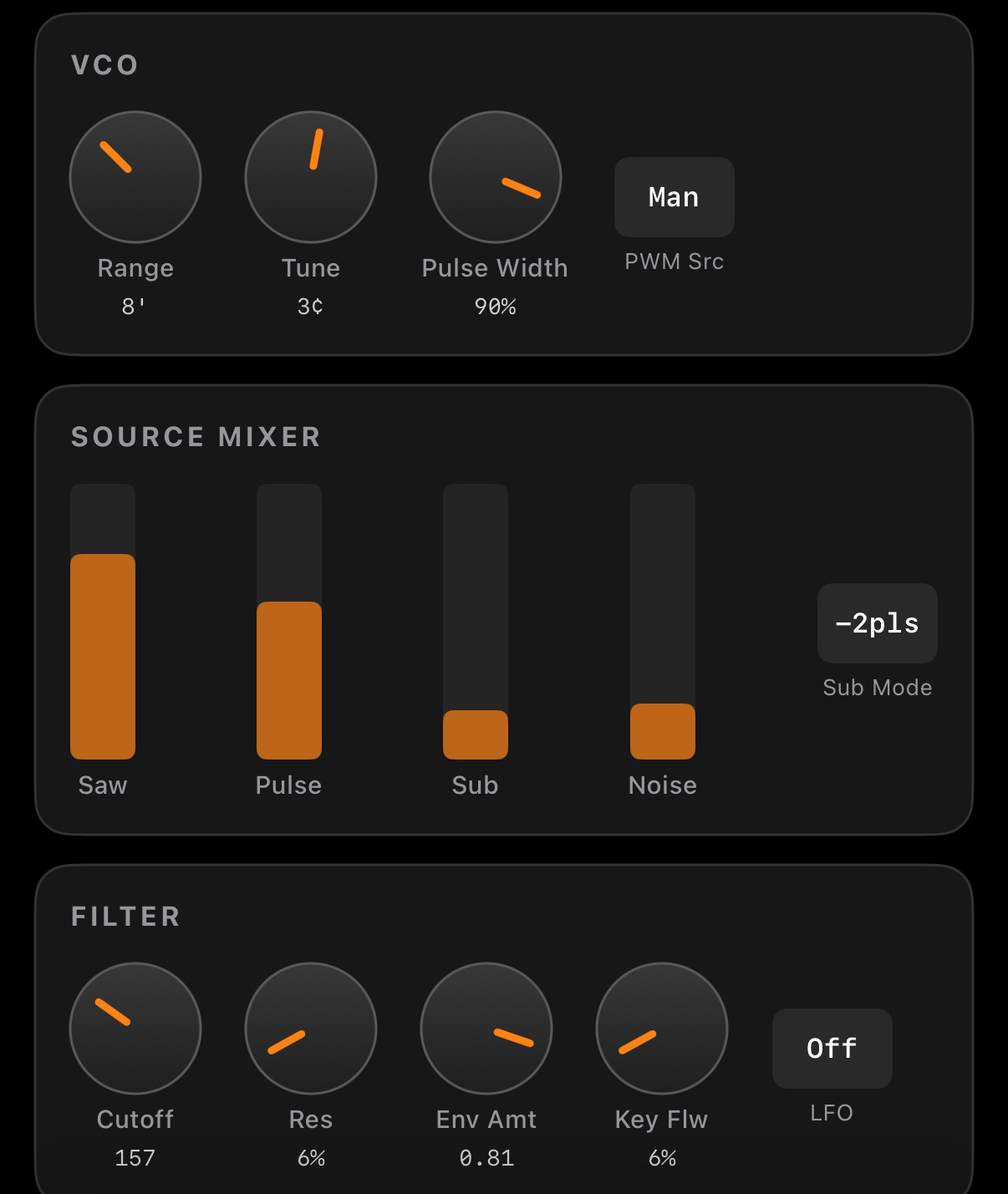 REVE Model 1 VCO, source mixer, and filter panel